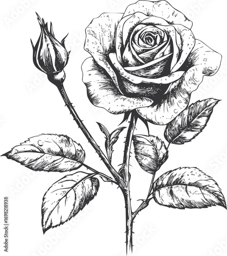 Rose vector sketch hand drawn line art in nature, vintage rose flower with bud engraving — stock vector