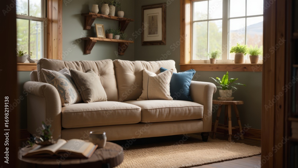 Fototapeta premium Modern living room with cozy sofa, knitted throws, and colorful cushions in orange, green, and cream tones, creating a warm and stylish interior design.