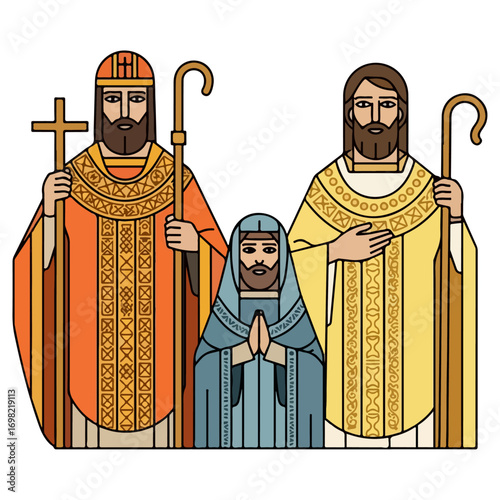 Three Religious Figures in Traditional Garb Illustration.