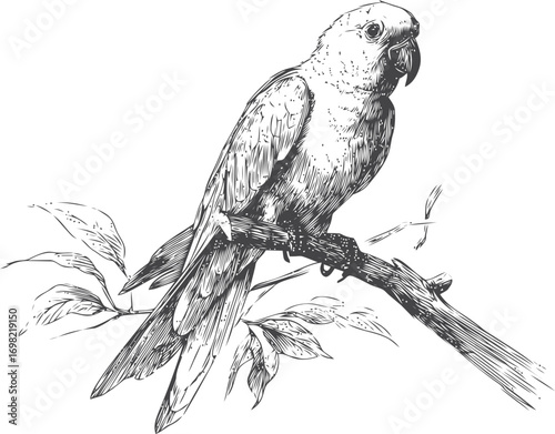 Parrot vector sketch hand drawn line art in nature, parrot on branch vintage engraving style — stock vector
