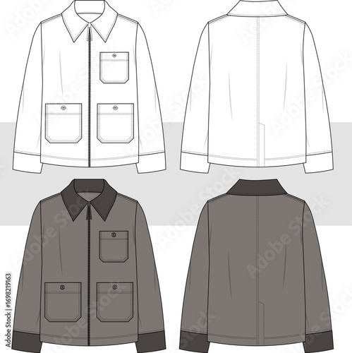 Unisex Utility army cargo Jacket. Workers jacket fashion design technical drawing illustration, flat sketch, vector. Front and back view. CAD, Mockup set.