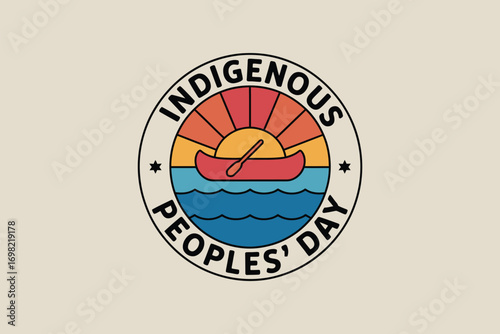 Indigenous peoples' day emblem with canoe and sun rays in a circular design on a cream background