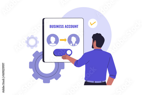 Illustration of Business Profile Switch and Professional Account Management. User Changing to a Business Profile on an App. Person activating a switch to change personal profile into a business one