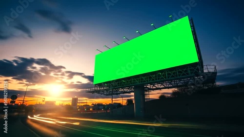 Empty green screen billboard at sunset over a city highway.