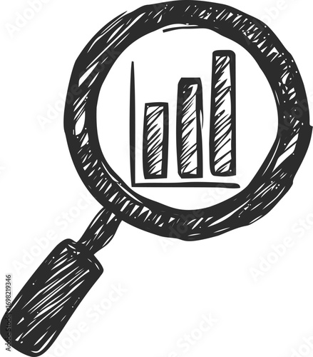 Analytics vector sketch hand drawn line art on icon, magnifying glass with bar chart — stock vector