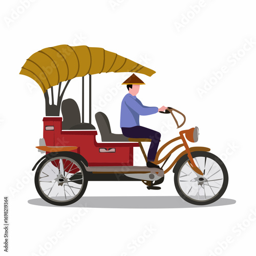 Vector illustration of a traditional Asian cycle rickshaw, an iconic three-wheeled pedicab with a driver in a conical hat