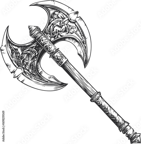 Medieval vector hand drawn line art on icon, medieval battle axe detailed engraving style — stock vector