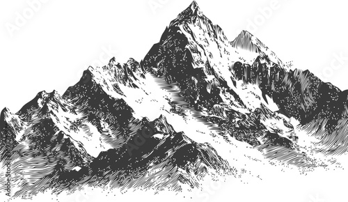 Mountain vector sketch hand drawn line art in mountain, mountain range engraving style black — stock vector