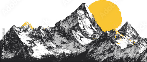 Sun mountain vector sketch hand drawn line art in nature, mountain range with yellow sun, vintage — stock vector