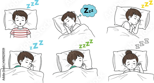 Children peacefully sleeping in comfortable beds, illustrating various resting positions.