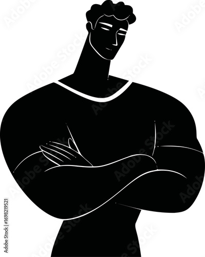 Muscular vector hand drawn on icon, muscular man silhouette with crossed arms — stock vector
