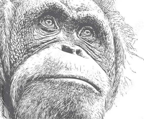 Orangutan vector sketch hand drawn line art in nature, orangutan face detailed in monochrome style — stock vector