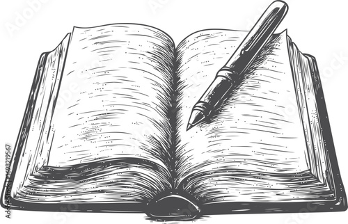 Book vector sketch hand drawn line art, open vintage book with fountain pen — stock vector