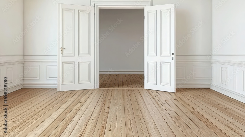 Fototapeta premium Elegant empty room with open double doors and polished wooden floor showcasing modern minimalist design and ample natural light