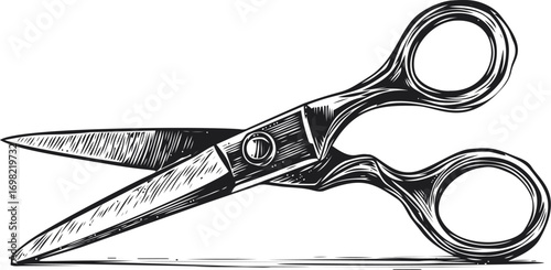 Sewing vector hand drawn line art in isolated, vintage scissors engraving style black — stock vector