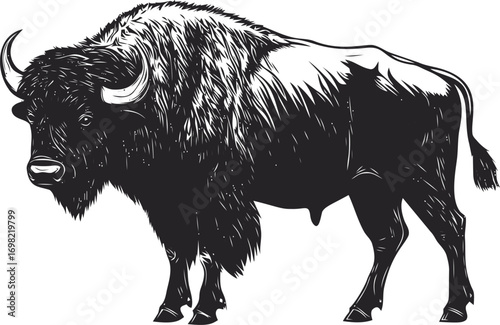 Bison vector hand drawn line art in nature, bison silhouette in detailed engraving style — stock vector