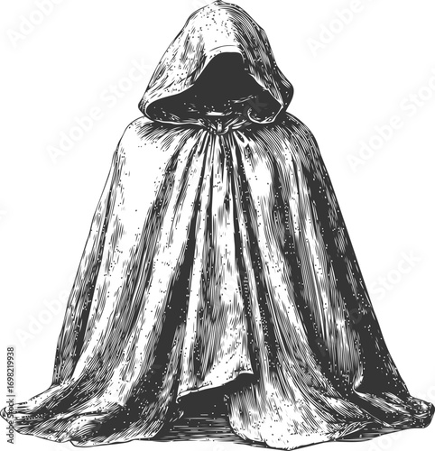 Cloak vector sketch hand drawn on pattern, hooded cloak figure in vintage engraving — stock vector