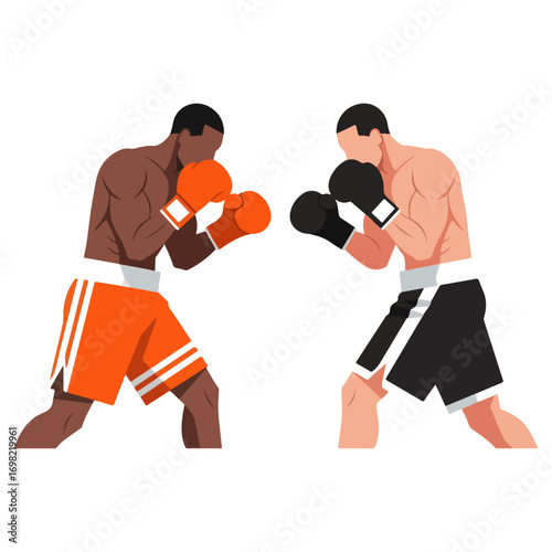 Two boxers facing each other ready to fight in the ring.