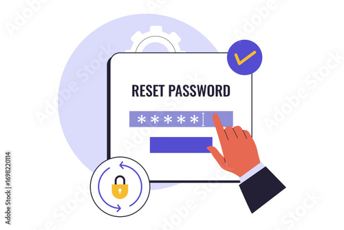 Flat Design of Password Reset and Account Security. Illustration of Changing an Online Password to Enhance User Protection. This illustration shows a hand interacting with a tablet to reset a password