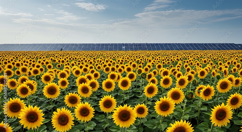 Fototapeta premium Nature's Solar Collectors: A Vibrant Sunflower Field Before a Modern Photovoltaic Farm.