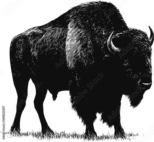 Bison vector hand drawn line art in nature, bison standing on grass in detailed — stock vector