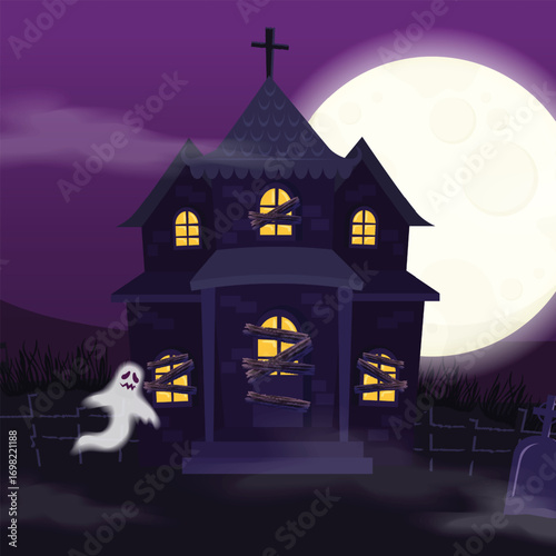  Horror mystery cartoon ghosts, pumpkin and bat. Monster characters, witch hat and candy render. Party pithy vector plasticine elements Art & Illustration