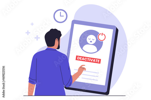 Illustration of Account Deactivation Concept. Man Choosing to Delete an Online Profile or Subscription. A man is shown interacting with a tablet screen that displays a "Deactivate" button.