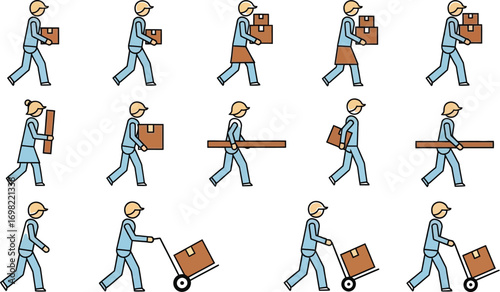 Diverse collection of stylized figures in motion carrying various packages and materials