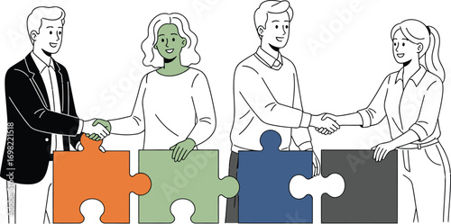 Diverse team members collaborate and shake hands, symbolizing partnership and successful integration with puzzle pieces.