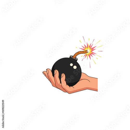 Hand holding a lit bomb ready to explode.