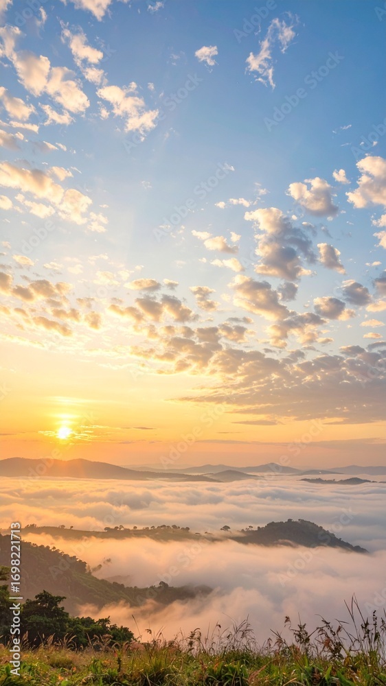 Obraz premium Sunrise paints the sky with golden hues over misty mountains, creating a serene and breathtaking landscape at dawn, evoking peace and tranquility.