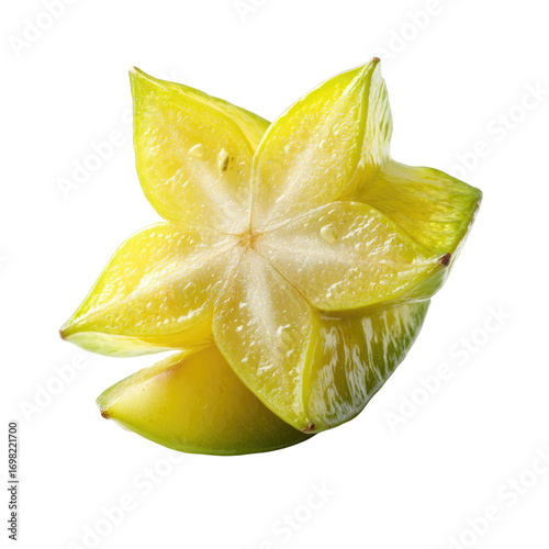 Close-up of a star fruit, sliced in half,  showing the interior.  Bright yellow-green flesh.  Water droplets