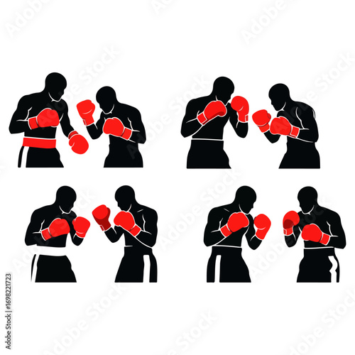 Set of Boxer Silhouettes in Various Fighting Stances.