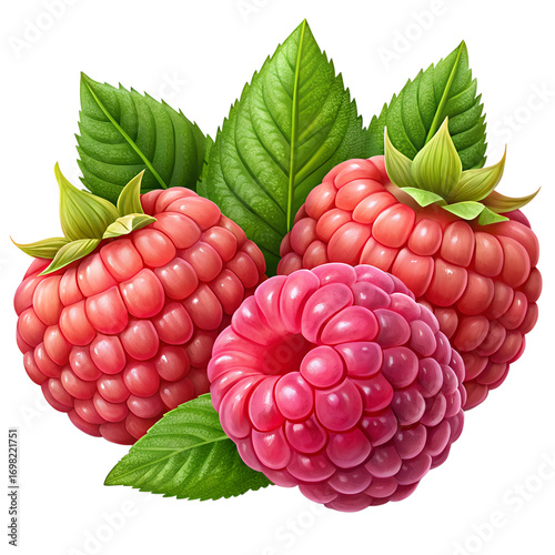 Three Ripe Raspberries With Green Leaves raspberry