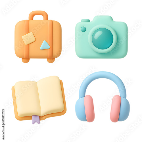 Lifestyle 3D claymorphism pastel 4 icon set travel suitcase camera book headphones object-colored transparent background isolated cut out