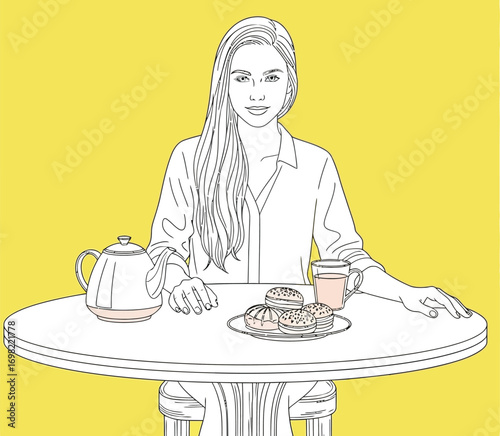 Young woman enjoying a pleasant moment with tea and pastries at a cafe table.