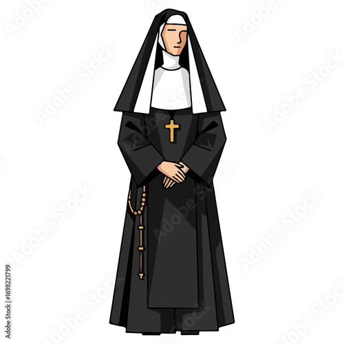 Illustration of a Nun in Traditional Habit with Rosary.