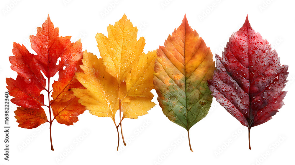 Fototapeta premium Collection of 4 autumn leaf clusters, isolated on white background