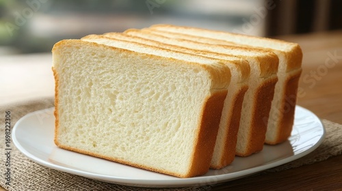 Freshly Sliced White Bread on Plate with Soft Texture and Golden Crust Set Against Natural Background