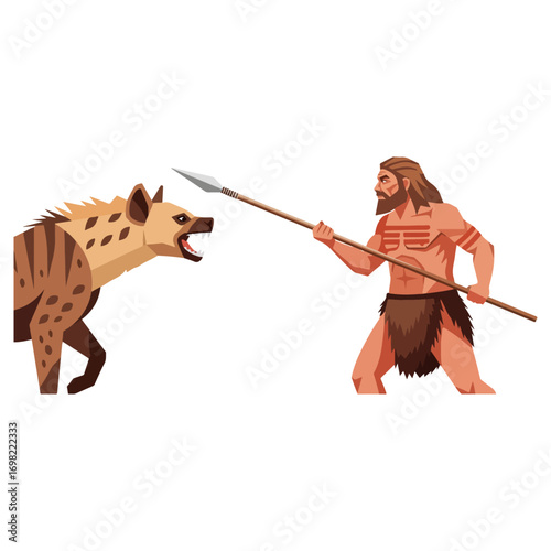 Primitive caveman with a spear confronts a snarling hyena.