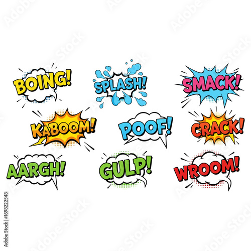 Set of Colorful Comic Onomatopoeia Words.