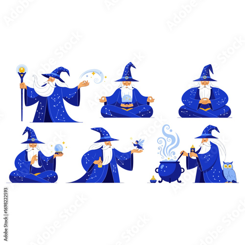 Set of magical wizard characters in various poses.