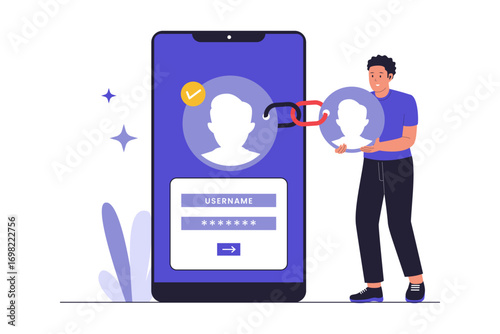 Flat Design Illustration of Link Connected Accounts and Digital Profile Integration. Syncing a User's Online Accounts and Information. Person linking different online accounts on their smartphone.