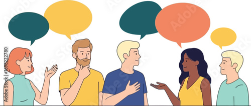 Diverse group of people engaged in lively conversation with colorful speech bubbles