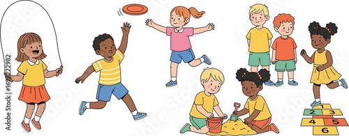 Diverse group of children joyfully playing outdoor games, jumping rope, catching a frisbee, and building in a sandbox.