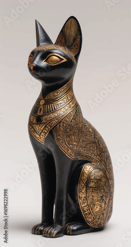 Detailed Egyptian Bastet Cat Sculpture with Golden Accents and Hieroglyphic Style Decorations on a Light Background