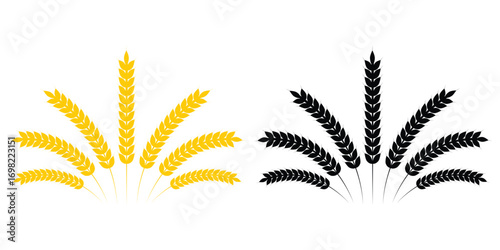 Wheats ears icon set and wheat design elements flat line vector collection. Harvest wheat grain, growth rice stalk and whole bread grains or field cereal nutritious. Wheat grains wreath. eps 10