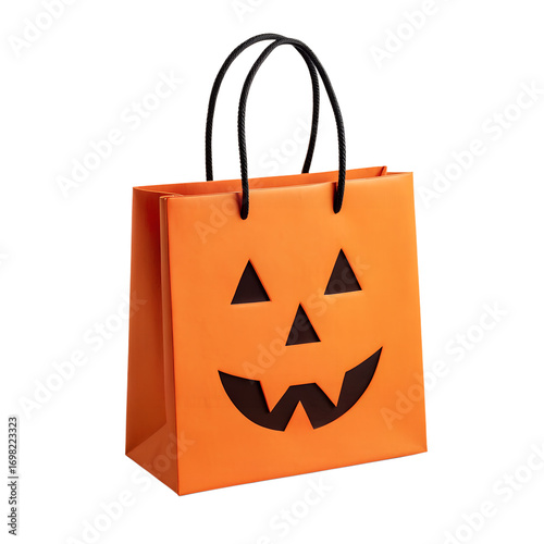 Orange halloween trick or treat paper gift bag with jack o lantern face isolated on transparent background