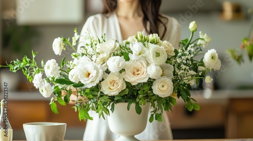 Elegant Floral Arrangement with White Roses and Greenery in a Contemporary Kitchen Setting