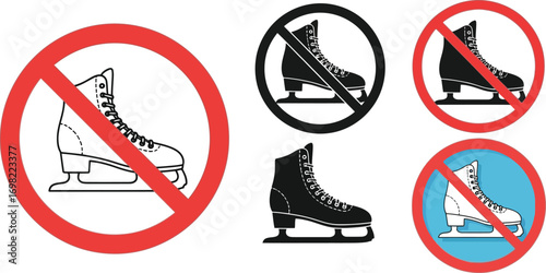 Collection of prohibition signs with ice skates, indicating no skating allowed.